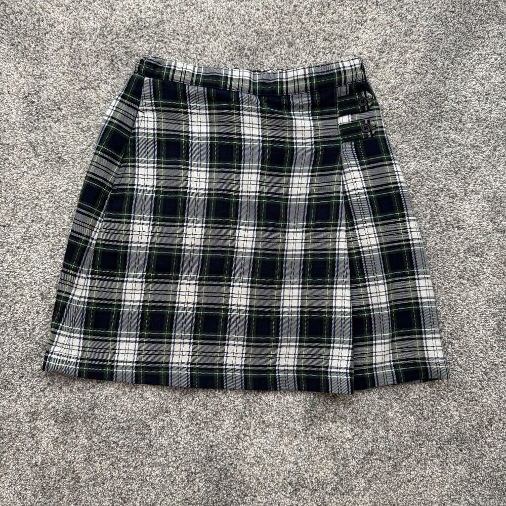 Lands' End Girls Plaid Skirt in Navy, White & Green
